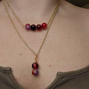 Celestial Red & Black Glass Layered Necklace Set - Stainless Steel